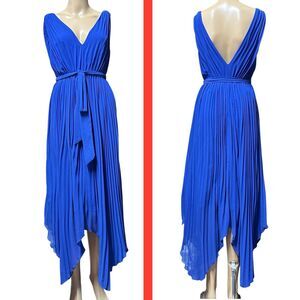 Late for Dinner Pleated High-Low Dress Small V-Neck Belt Flowing Party Prom Date